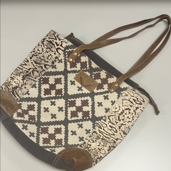 Myra Bag Handbags - Myra Bag Geometric Brown / Cream w/ leather accents Large Tote